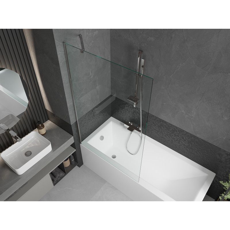 Rektangulært badekar Mexen Cubik 150 x 70 cm med front- og sidepanel samt 1-fløjet brusevæg 100 cm i transparent krom
