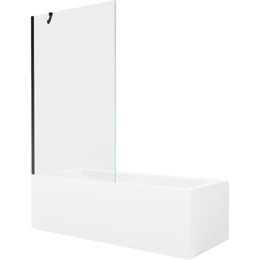 Rektangulært badekar Mexen Cubik 150 x 70 cm med frontpanel og 1-fløjet brusevæg 100 cm transparent sort 1 sæt