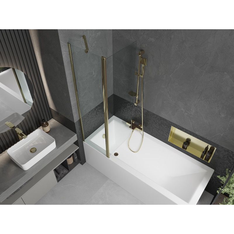 Rektangulært badekar Mexen Cubik 150 x 70 cm med front- og sidepanel samt 1-fløjet brusevæg 100 cm i transparent guld, 1 sæt