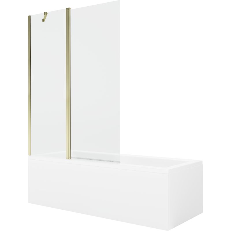 Rektangulært badekar Mexen Cubik 150 x 70 cm med frontpanel og 1-fløjet brusevæg 120 cm transparent guld 1 sæt