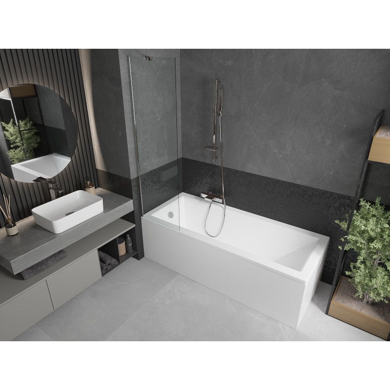 Rektangulært badekar Mexen Cubik 150 x 70 cm med front- og sidepanel samt 1-fløjet brusevæg 50 cm i transparent krom, 1 sæt