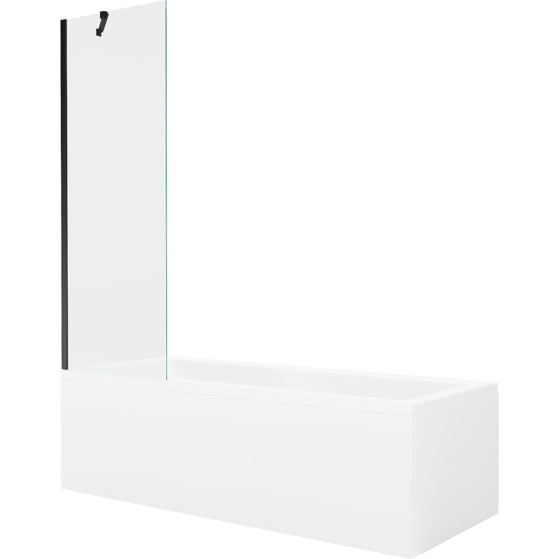 Rektangulært badekar Mexen Cubik 150 x 70 cm med frontpanel og 1-fløjet brusevæg 60 cm transparent sort 1 sæt