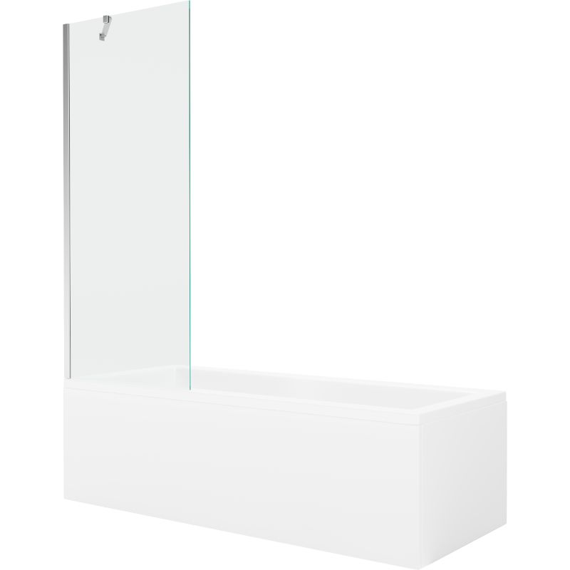 Rektangulært badekar Mexen Cubik 150 x 70 cm med frontpanel og 1-fløjet brusevæg 70 cm transparent krom, 1 sæt