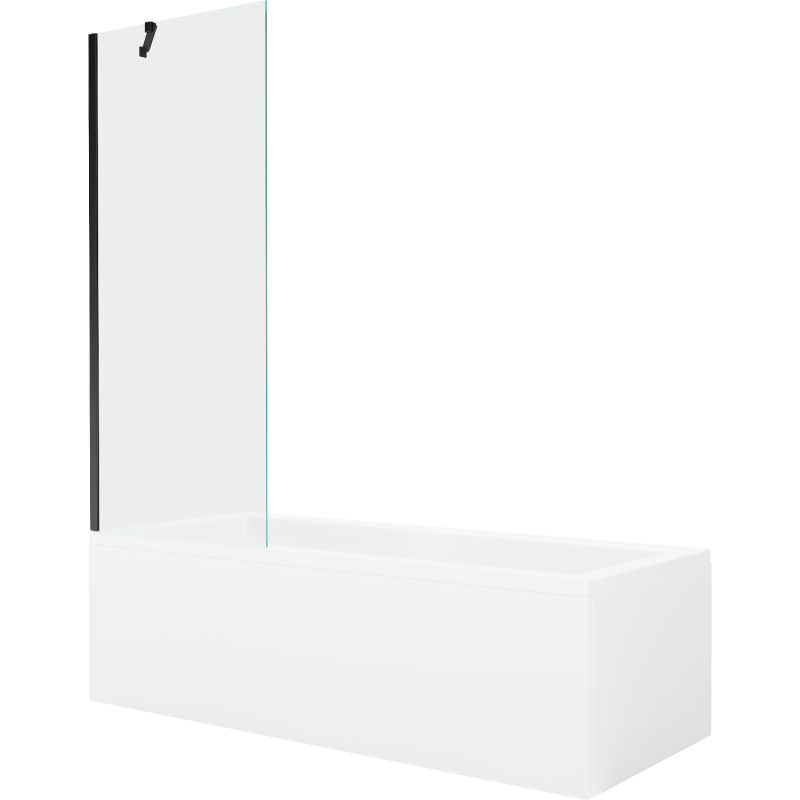 Rektangulært badekar Mexen Cubik 150 x 70 cm med frontpanel og 1-fløjet brusevæg 70 cm transparent sort 1 sæt