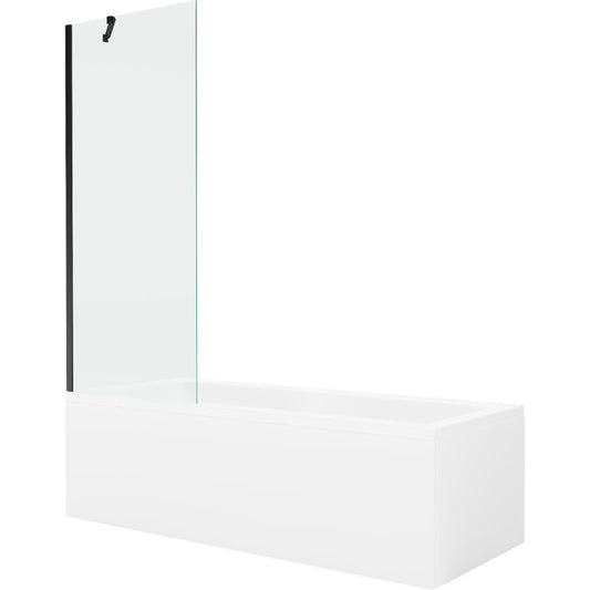 Rektangulært badekar Mexen Cubik 150 x 70 cm med frontpanel og 1-fløjet brusevæg 70 cm transparent sort 1 sæt