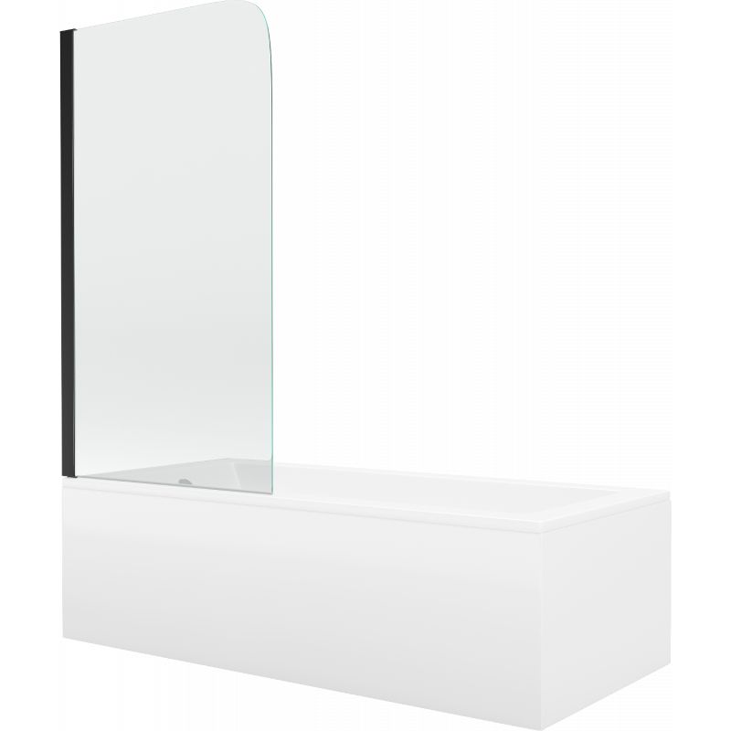 Rektangulært badekar Mexen Cubik 150 x 70 cm med front- og sidepanel samt 1-fløjet brusevæg 70 cm i transparent sort, 1 sæt