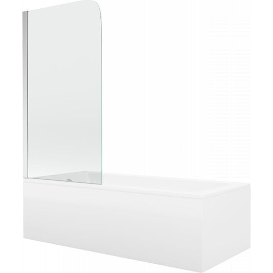 Rektangulært badekar Mexen Cubik 150 x 70 cm med front- og sidepanel samt 1-fløjet brusevæg 75 cm i transparent krom, 1 sæt