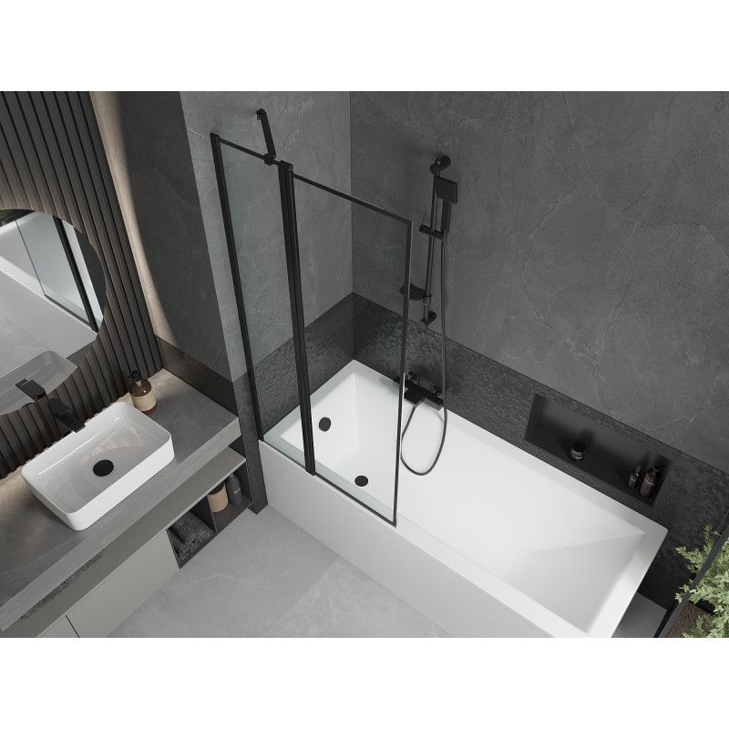 Rektangulært badekar Mexen Cubik 150 x 70 cm med front- og sidepanel samt 1-fløjet brusevæg 80 cm med sort mønster, komplet sæt