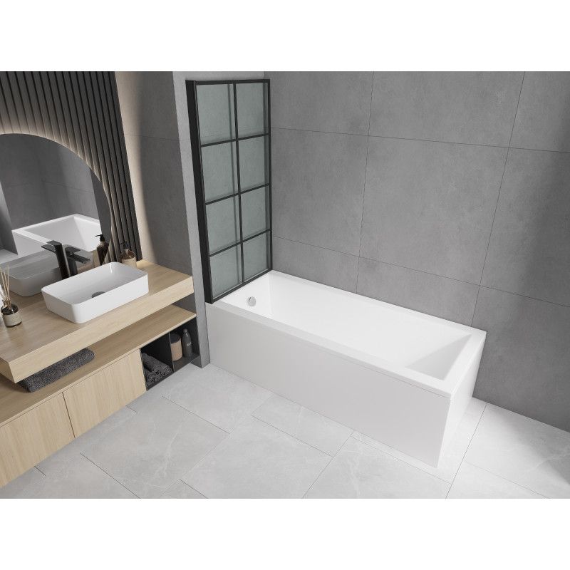 Rektangulært badekar Mexen Cubik 150 x 70 cm med front- og sidepanel samt 1-fløjet sort mønstret brusevæg 80 cm komplet sæt