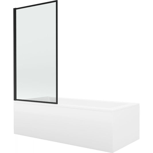 Rektangulært badekar Mexen Cubik 150 x 70 cm med frontpanel og 1-fløjet brusevæg 80 cm i sort mønster fix, komplet sæt