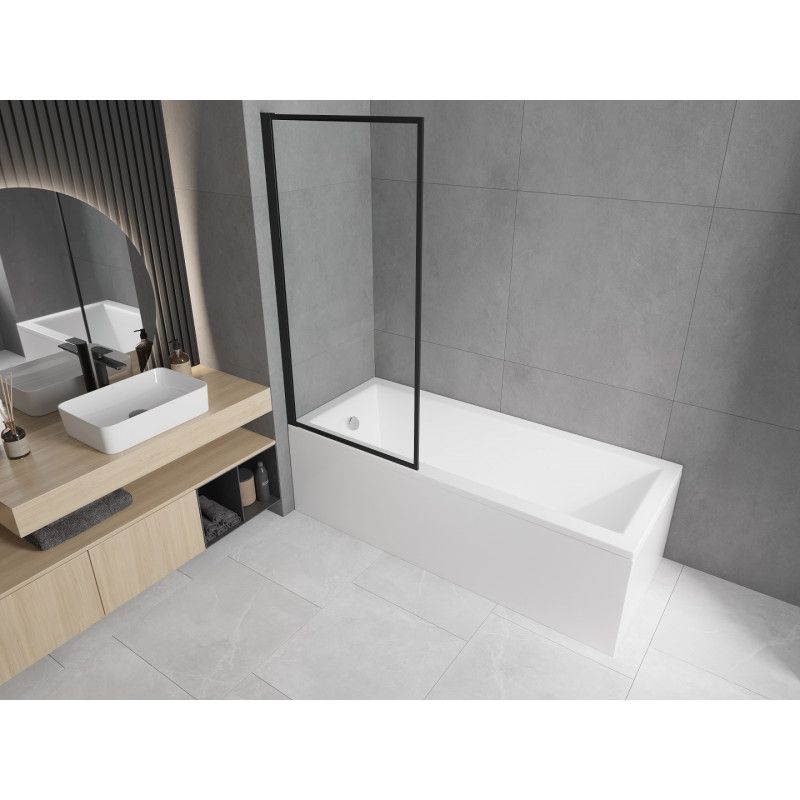 Rektangulært badekar Mexen Cubik 150 x 70 cm med frontpanel og 1-fløjet brusevæg 80 cm i sort mønster fix, komplet sæt