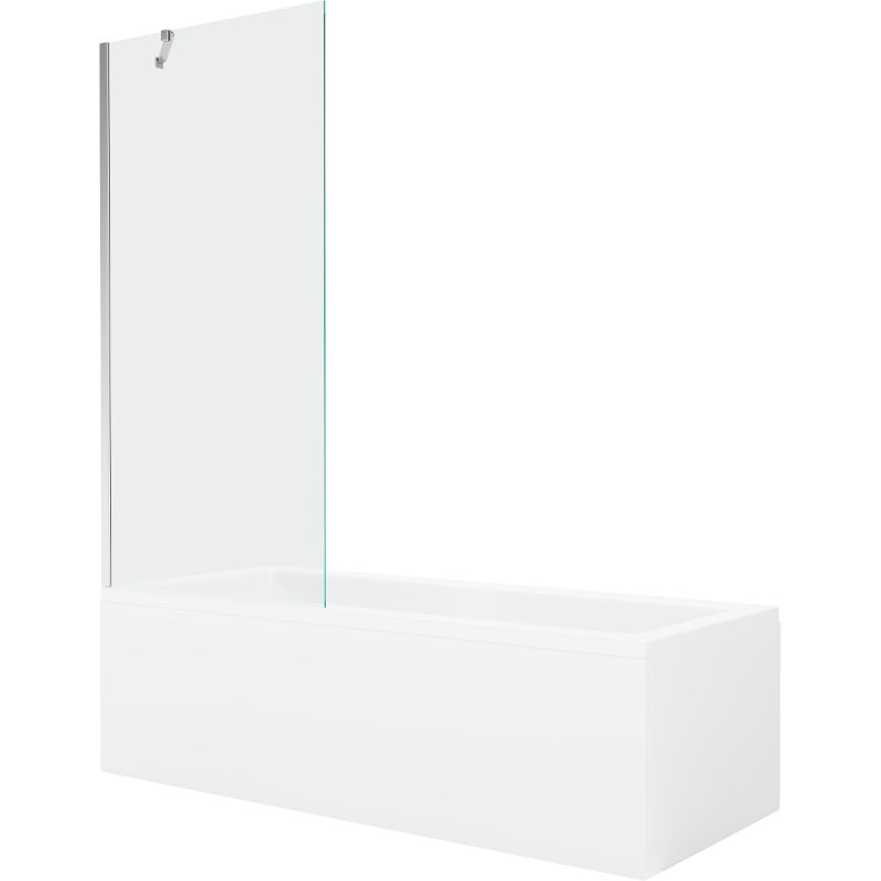Rektangulært badekar Mexen Cubik 150 x 70 cm med frontpanel og 1-fløjet brusevæg 80 cm transparent krom, 1 sæt