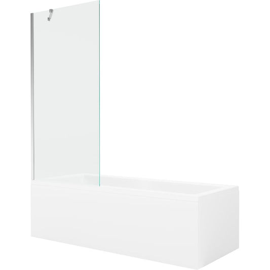 Rektangulært badekar Mexen Cubik 150 x 70 cm med frontpanel og 1-fløjet brusevæg 80 cm transparent krom, 1 sæt