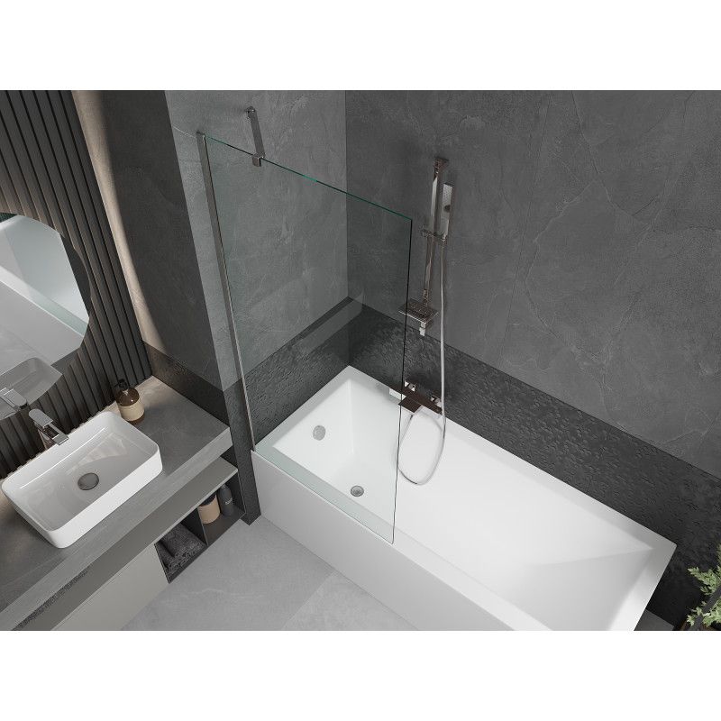 Rektangulært badekar Mexen Cubik 150 x 70 cm med frontpanel og 1-fløjet brusevæg 80 cm transparent krom, 1 sæt