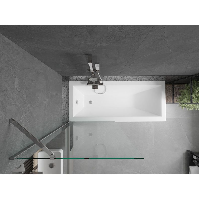 Rektangulært badekar Mexen Cubik 150 x 70 cm med frontpanel og 1-fløjet brusevæg 80 cm transparent krom, 1 sæt