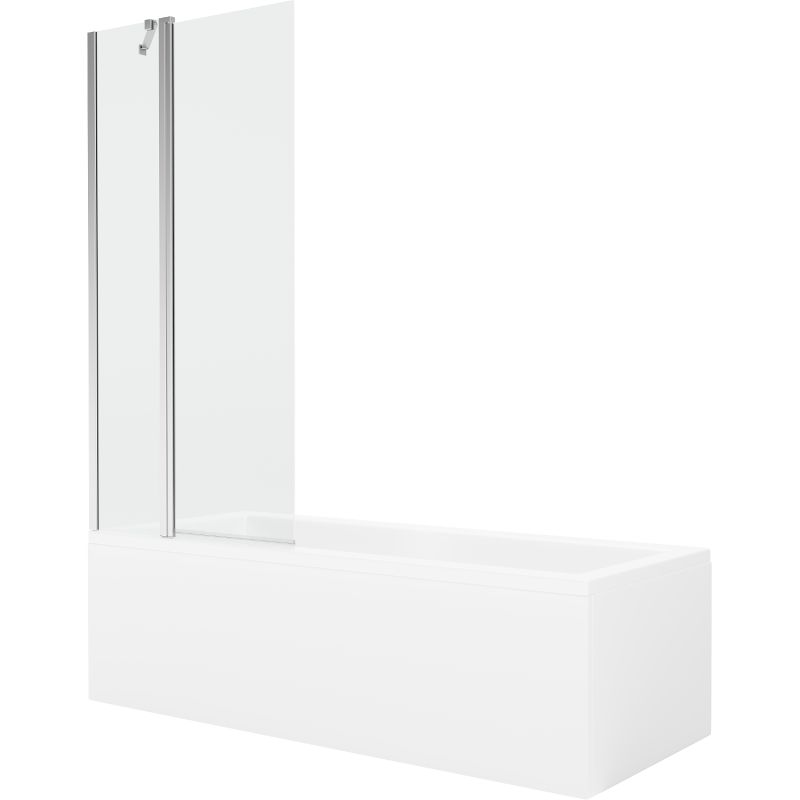 Rektangulært badekar Mexen Cubik 150 x 70 cm med front- og sidepanel samt 1-fløjet skærmvæg 80 cm i transparent krom, 1 sæt