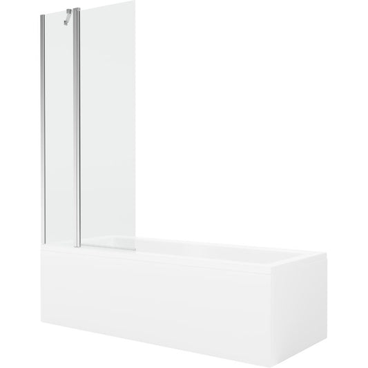 Rektangulært badekar Mexen Cubik 150 x 70 cm med front- og sidepanel samt 1-fløjet skærmvæg 80 cm i transparent krom, 1 sæt
