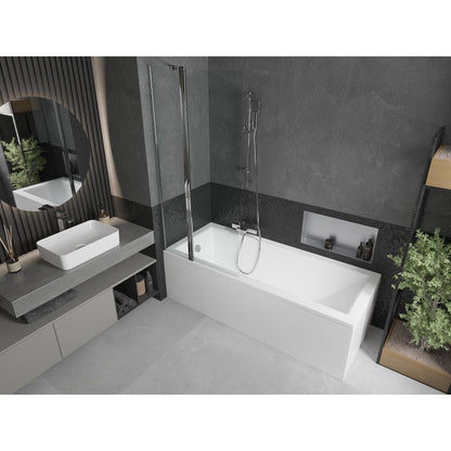 Rektangulært badekar Mexen Cubik 150 x 70 cm med front- og sidepanel samt 1-fløjet skærmvæg 80 cm i transparent krom, 1 sæt