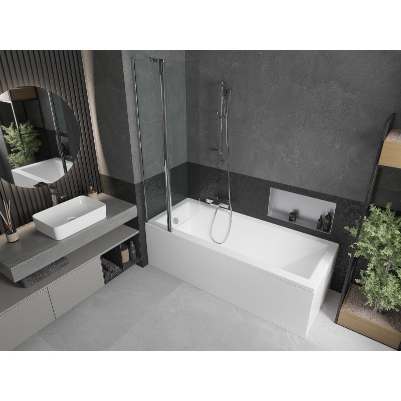 Rektangulært badekar Mexen Cubik 150 x 70 cm med front- og sidepanel samt 1-fløjet skærmvæg 80 cm i transparent krom, 1 sæt