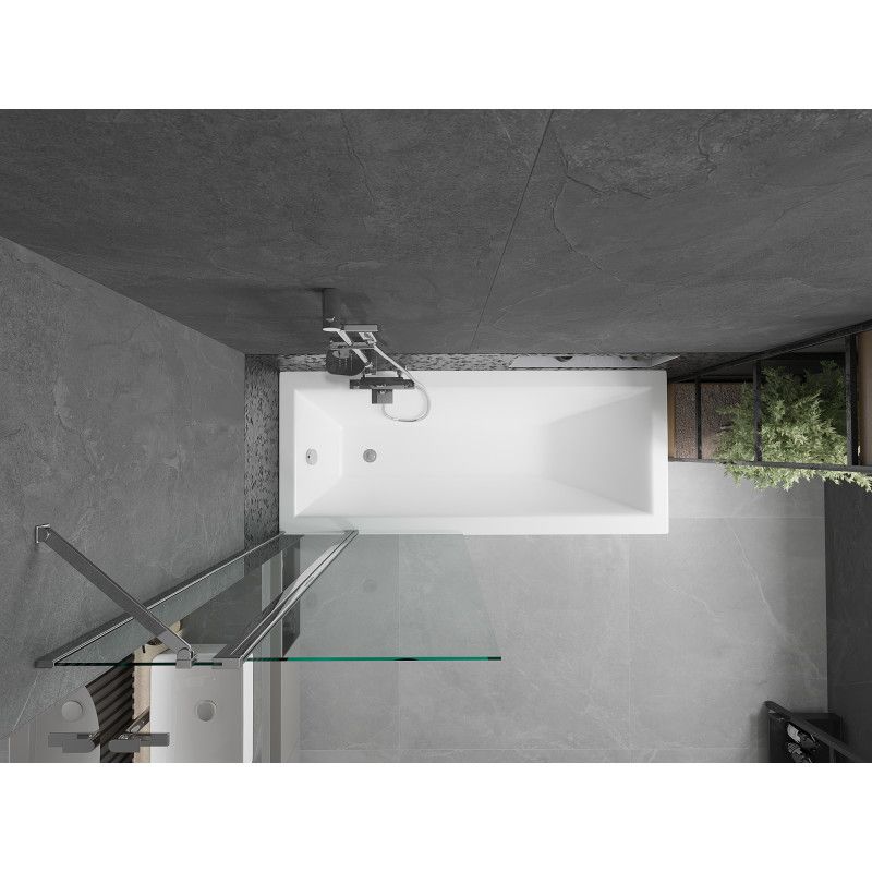 Rektangulært badekar Mexen Cubik 150 x 70 cm med front- og sidepanel samt 1-fløjet skærmvæg 80 cm i transparent krom, 1 sæt
