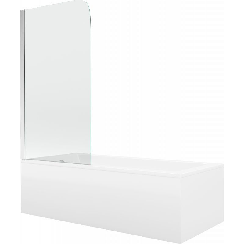 Rektangulært badekar Mexen Cubik 150 x 70 cm med front- og sidepanel samt 1-fløjet brusevæg 80 cm i transparent glas med kromfinish, komplet sæt
