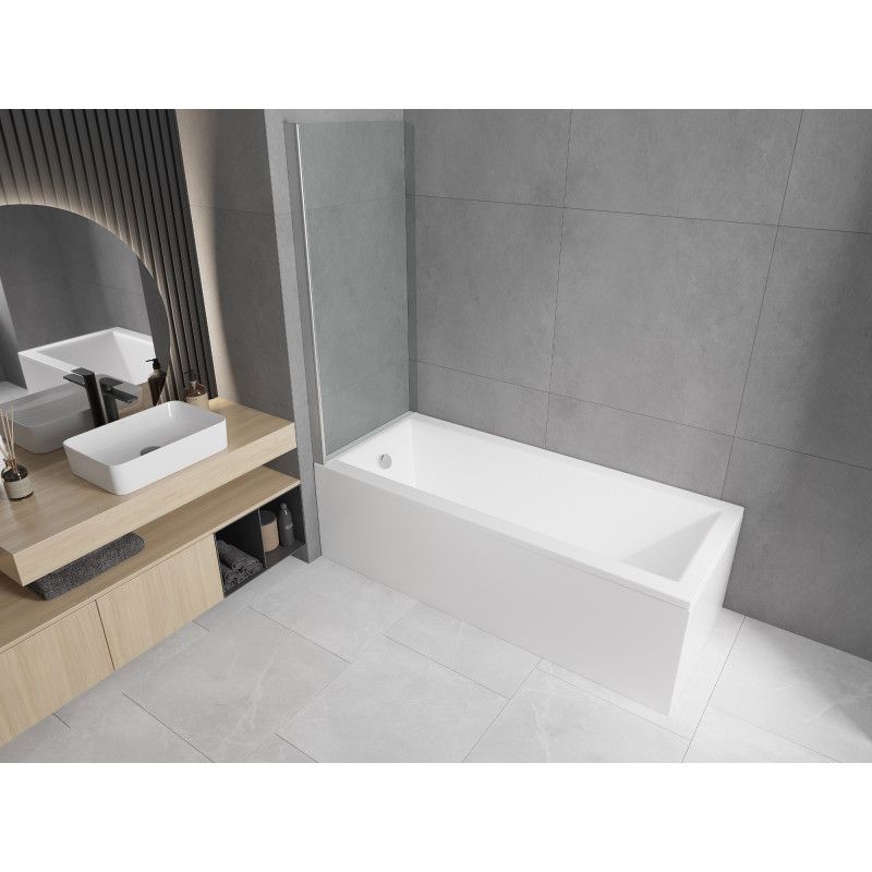 Rektangulært badekar Mexen Cubik 150 x 70 cm med front- og sidepanel samt 1-fløjet brusevæg 80 cm i transparent glas med kromfinish, komplet sæt