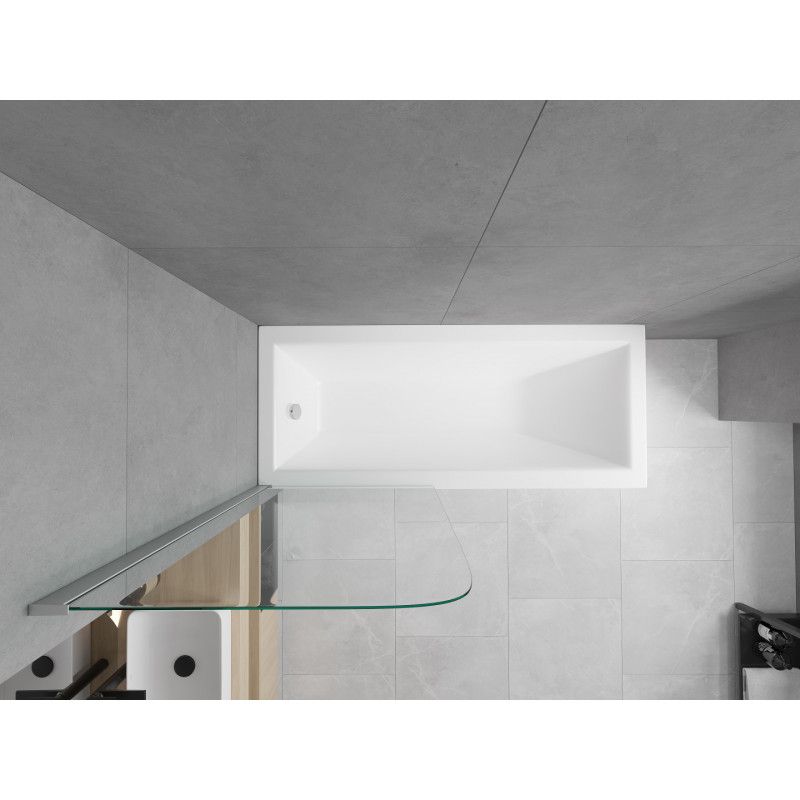 Rektangulært badekar Mexen Cubik 150 x 70 cm med front- og sidepanel samt 1-fløjet brusevæg 80 cm i transparent glas med kromfinish, komplet sæt