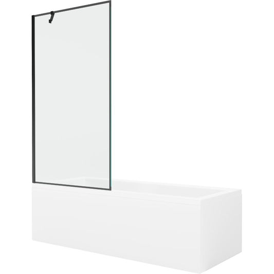 Rektangulært badekar Mexen Cubik 150 x 70 cm med front- og sidebeklædning samt 1-fløjet brusevæg 90 cm i sort mønster, komplet sæt