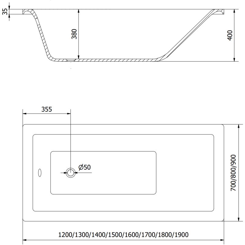 Rektangulært badekar Mexen Cubik 150 x 70 cm med front- og sidebeklædning samt 1-fløjet brusevæg 90 cm i sort mønster, komplet sæt