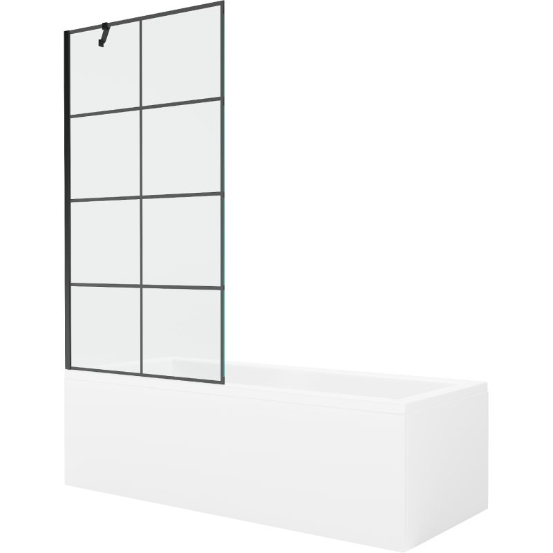 Rektangulært badekar Mexen Cubik 150 x 70 cm med front- og sidebeklædning samt 1-fløjet brusevæg 90 cm med sort mønster, 1 sæt