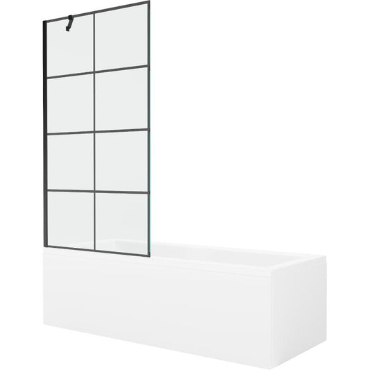 Rektangulært badekar Mexen Cubik 150 x 70 cm med front- og sidebeklædning samt 1-fløjet brusevæg 90 cm med sort mønster, 1 sæt