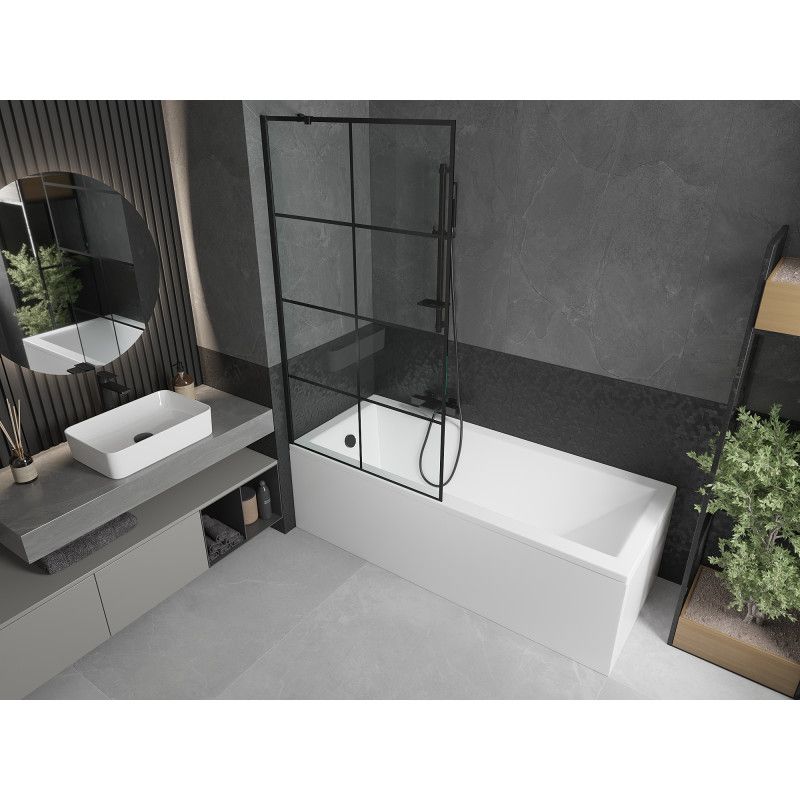 Rektangulært badekar Mexen Cubik 150 x 70 cm med front- og sidebeklædning samt 1-fløjet brusevæg 90 cm med sort mønster, 1 sæt