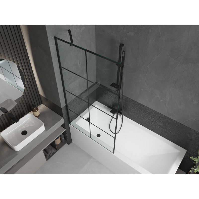 Rektangulært badekar Mexen Cubik 150 x 70 cm med front- og sidebeklædning samt 1-fløjet brusevæg 90 cm med sort mønster, 1 sæt