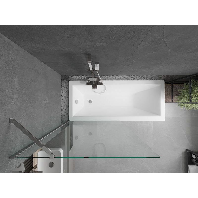 Rektangulært badekar Mexen Cubik 150 x 70 cm med frontpanel og 1-fløjet brusevæg 90 cm transparent krom 1 sæt