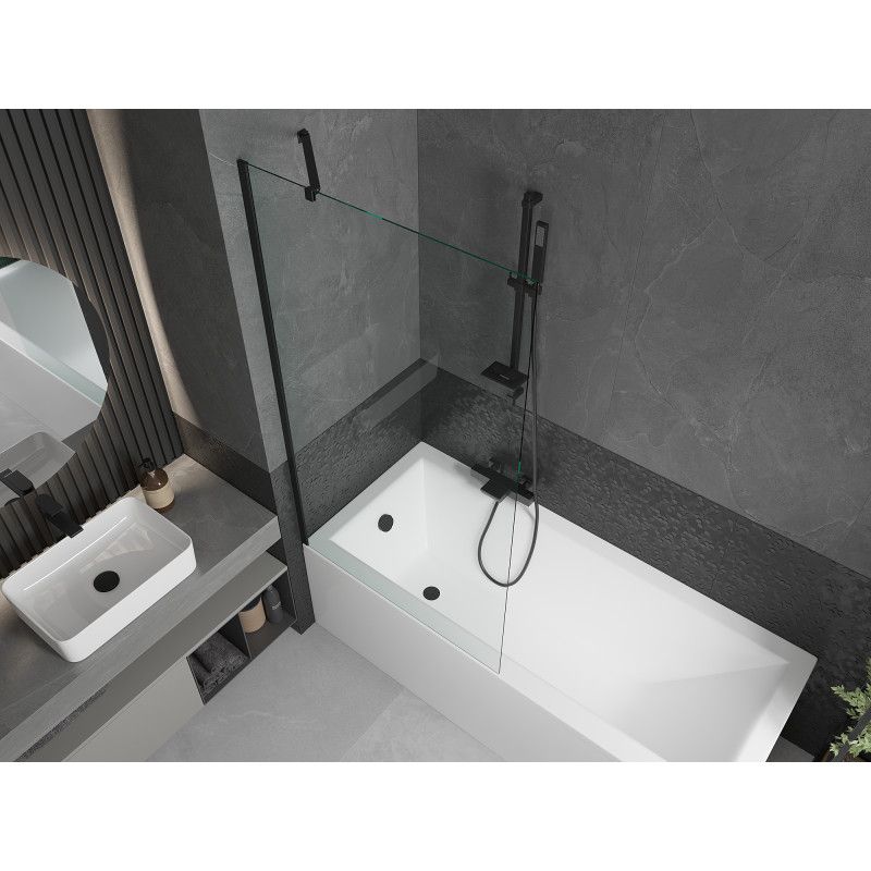 Rektangulært badekar Mexen Cubik 150 x 70 cm med front- og sidepanel samt 1-fløjet brusevæg 90 cm i transparent sort, 1 sæt
