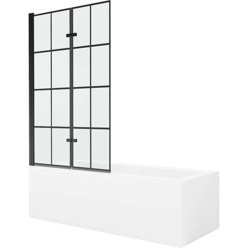 Rektangulært badekar Mexen Cubik 150 x 70 cm med front- og sidepanel samt 2-fløjet brusevæg 100 cm i mat-sort design, komplet sæt