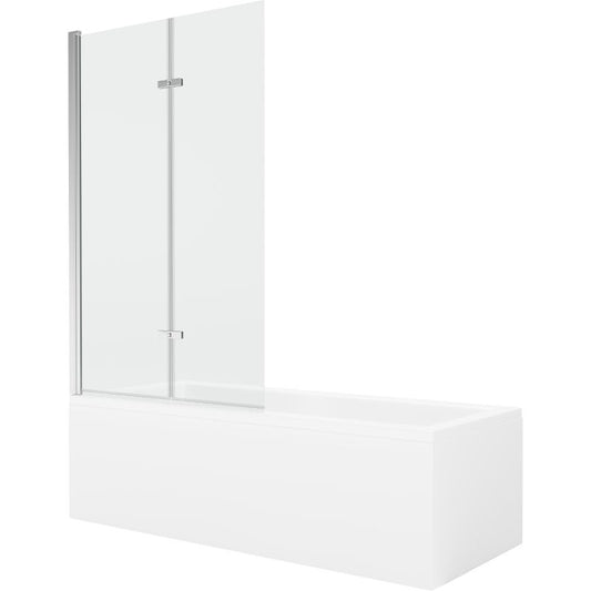 Rektangulært badekar Mexen Cubik 150 x 70 cm med front- og sidepanel samt 2-fløjet brusevæg 100 cm i transparent glas med kromfinish, 1 sæt