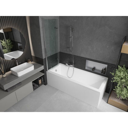 Rektangulært badekar Mexen Cubik 150 x 70 cm med front- og sidepanel samt 2-fløjet brusevæg 100 cm i transparent glas med kromfinish, 1 sæt