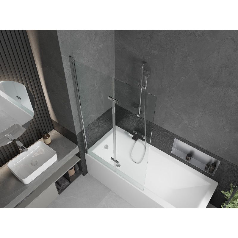 Rektangulært badekar Mexen Cubik 150 x 70 cm med front- og sidepanel samt 2-fløjet brusevæg 100 cm i transparent glas med kromfinish, 1 sæt
