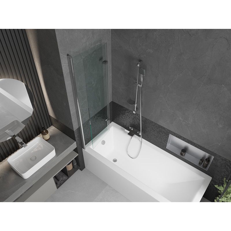 Rektangulært badekar Mexen Cubik 150 x 70 cm med front- og sidepanel samt 2-fløjet brusevæg 100 cm i transparent glas med kromfinish, 1 sæt