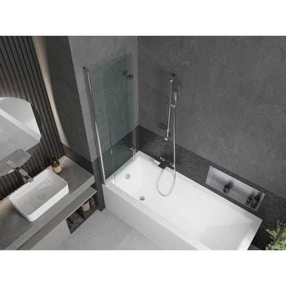 Rektangulært badekar Mexen Cubik 150 x 70 cm med front- og sidepanel samt 2-fløjet brusevæg 100 cm i transparent glas med kromfinish, 1 sæt