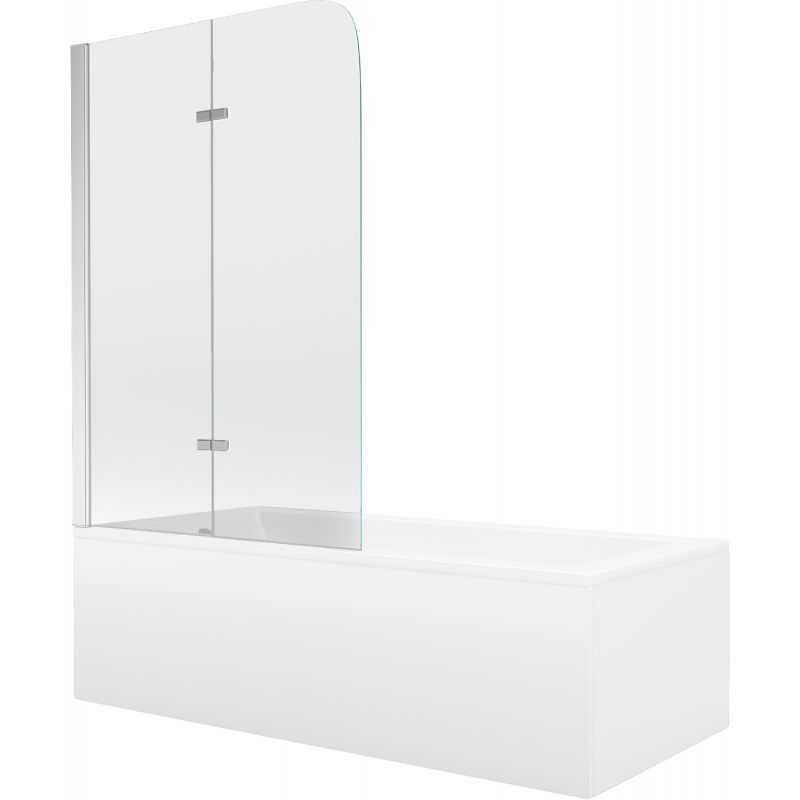 Rektangulært badekar Mexen Cubik 150 x 70 cm med frontpanel og 2-fløjet brusevæg 100 cm transparent krom, 1 sæt