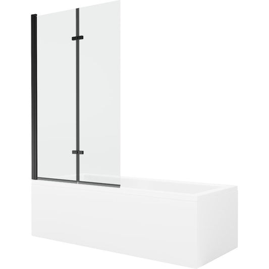 Rektangulært badekar Mexen Cubik 150 x 70 cm med frontpanel og 2-fløjet brusevæg 100 cm transparent sort 1 sæt