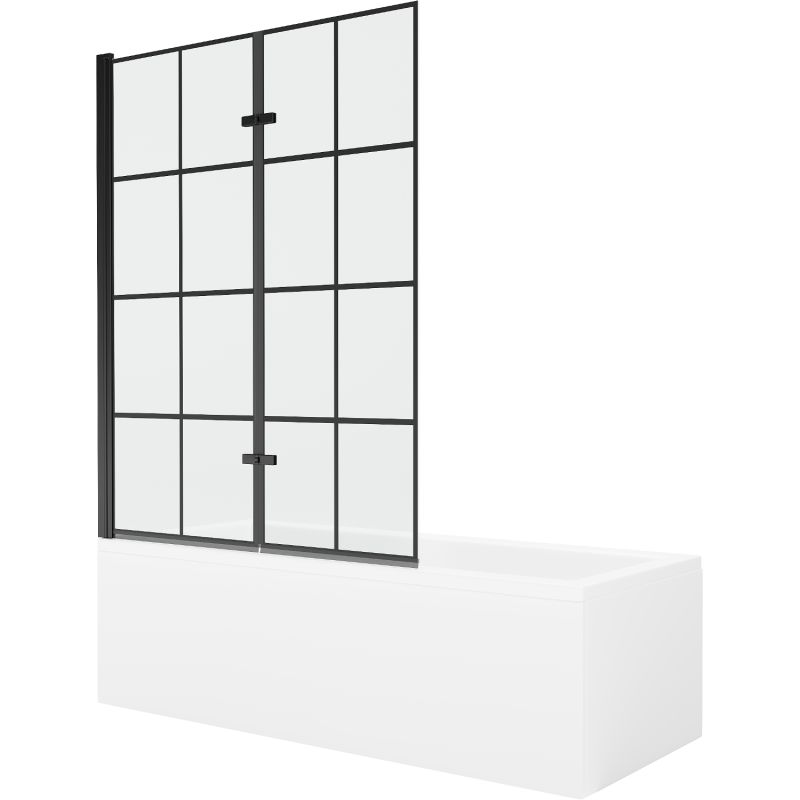 Rektangulært badekar Mexen Cubik 150 x 70 cm med front- og sidepanel samt 2-fløjet brusevæg 120 cm med sort mønster, 1 sæt