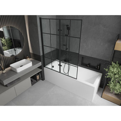 Rektangulært badekar Mexen Cubik 150 x 70 cm med front- og sidepanel samt 2-fløjet brusevæg 120 cm med sort mønster, 1 sæt