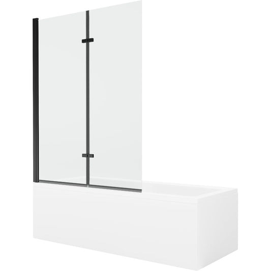 Rektangulært badekar Mexen Cubik 150 x 70 cm med front- og sidepanel samt 2-fløjet brusevæg 120 cm i transparent sort