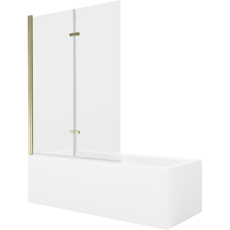 Rektangulært badekar Mexen Cubik 150 x 70 cm med front- og sidepanel samt 2-fløjet brusevæg 120 cm i transparent glas med guldfinish, 1 sæt