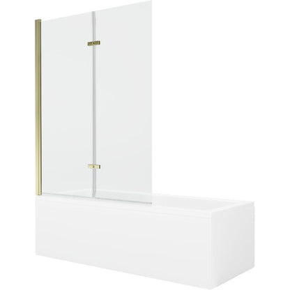 Rektangulært badekar Mexen Cubik 150 x 70 cm med front- og sidepanel samt 2-fløjet brusevæg 120 cm i transparent glas med guldfinish, 1 sæt