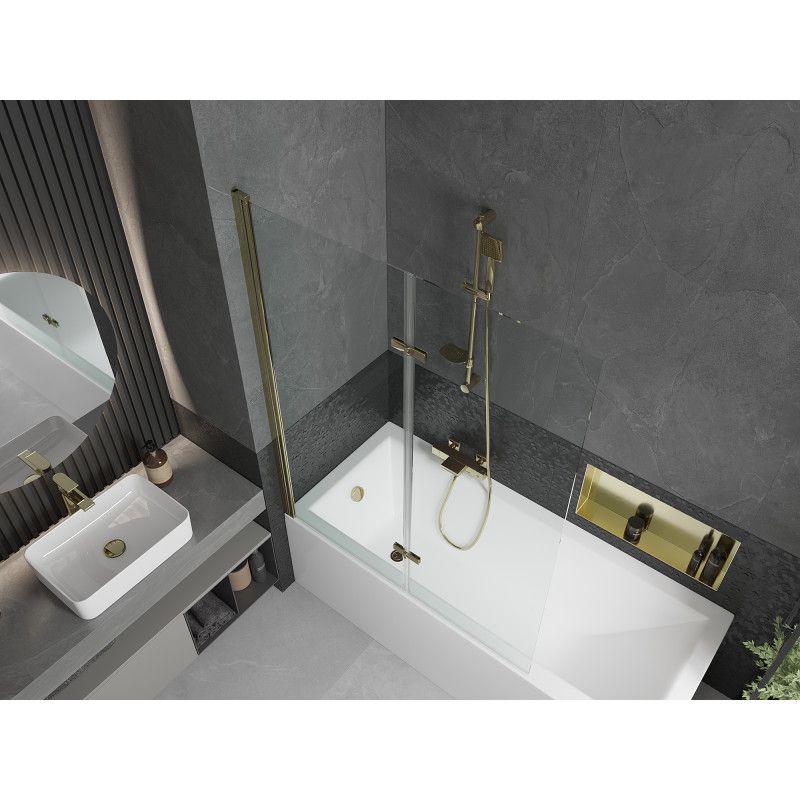 Rektangulært badekar Mexen Cubik 150 x 70 cm med front- og sidepanel samt 2-fløjet brusevæg 120 cm i transparent glas med guldfinish, 1 sæt