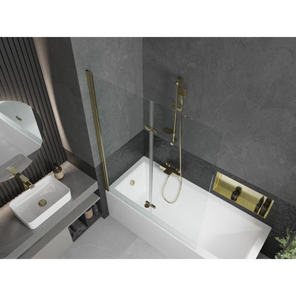 Rektangulært badekar Mexen Cubik 150 x 70 cm med front- og sidepanel samt 2-fløjet brusevæg 120 cm i transparent glas med guldfinish, 1 sæt